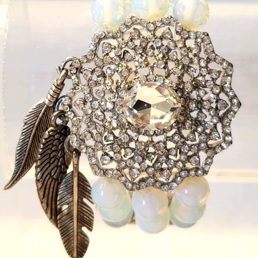 Austrian Crystal Medallion Bracelet with Feather Charms & Opalite Beads